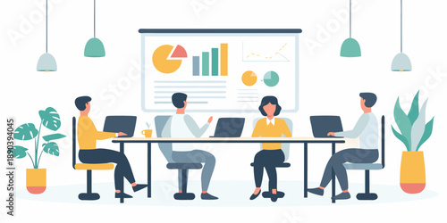 A business meeting in progress with a presentation and team collaboration