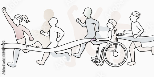 Diverse group of people running and racing towards a finish line