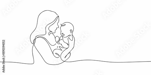 A mother lovingly cradles her newborn baby in a continuous line drawing