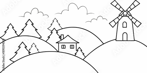 A simple black and white drawing of a windmill mountains and a house