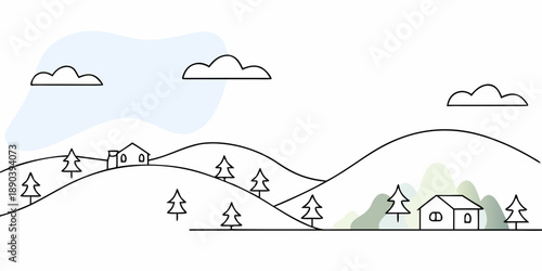 Simple landscape illustration featuring houses trees hills and a blue sky