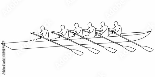 A black and white line drawing of a rowing team in a shell