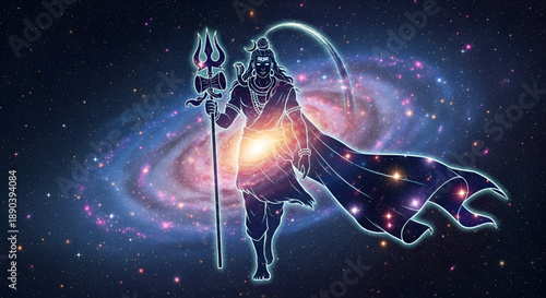 Cosmic Shiva silhouette holding trident within glowing galaxy background expressing divine power spirituality meditation energy and Maha Shivratri celebration