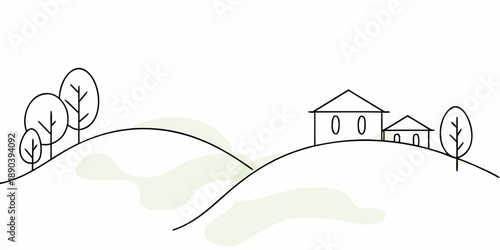 Minimalist landscape illustration featuring a house hills and trees