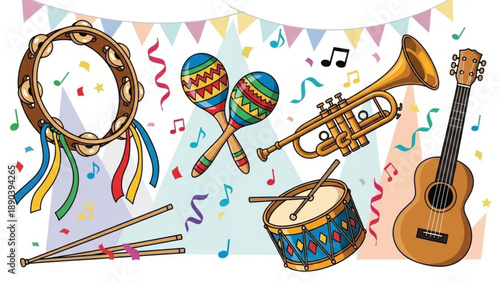 Collection of musical instruments and festive elements perfect for celebrations parties and cultural events isolated on white background