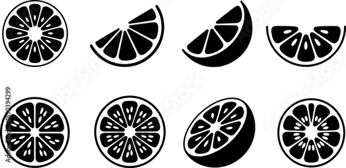 Set of Eight Black Citrus Fruit Slice Silhouettes Including Orange Lemon and Lime Cross Sections Isolated on White for Healthy Juice Branding and Kitchen Decort