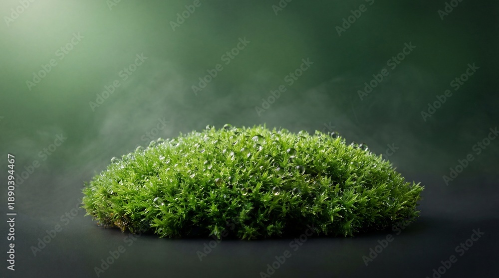 Fototapeta premium Lush green moss covered in sparkling water droplets. Dark background with a subtle misty glow. Concept of freshness and natural beauty.