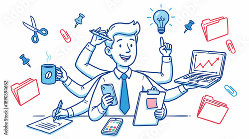 Multitasking Office Worker Vector Illustration – Energetic Businessperson with Six Arms Performing Tasks for Productivity, Workplace Design, and Efficiency Concept Art