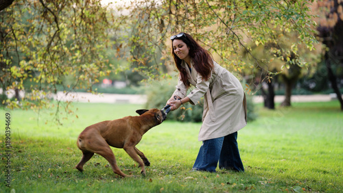 Woman and her dog enjoying active playtime in a green park, tugging on a toy during an autumn leisure activity outdoors