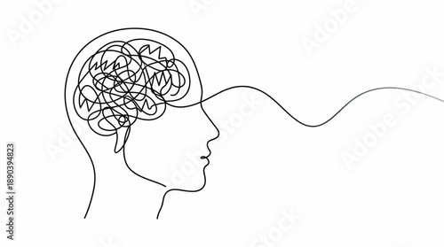 Tangled Thought Line Vector Illustration – Minimalist Profile Drawing of Cognitive Overload for Mental Health Awareness, Emotional Design, and Psychological Education Use