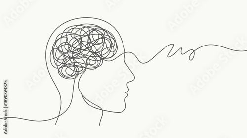 Tangled Thought Line Vector Illustration – Minimalist Profile Drawing of Cognitive Overload for Mental Health Awareness, Emotional Design, and Psychological Education Use