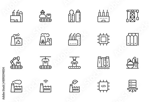 Industry Outline Icon Set – Technology, Finance, Healthcare, Automotive, Energy, Retail, Construction, Hospitality, Tourism, Education, Oil, Gas, Refinery, Petroleum
