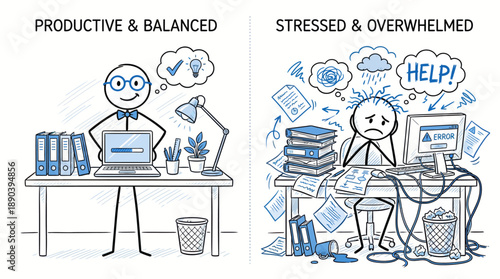 Productivity vs Overwhelm Vector Illustration – Cartoon Comparison of Balanced vs Chaotic Workspaces for Mental Health, Workplace Design, and Efficiency Education Use