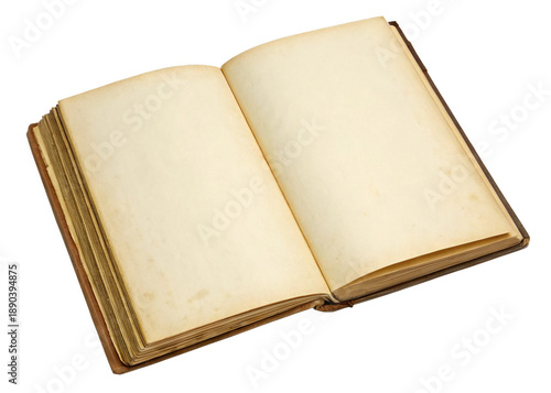 Open vintage book with blank yellowed or brown pages isolated on a transparent background.