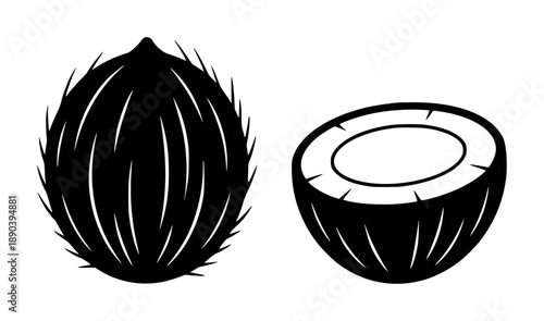 Black silhouette of a whole coconut and a halved coconut a white background fruit tropical