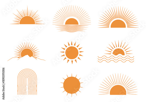 Collection of orange sun and sunrise a white background sunset