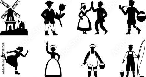 Set of Eight Traditional Dutch Culture Icon Silhouettes Featuring a Windmill Ice Skater Tulip Farmer and Fisherman for Netherlands Travel Branding and Heritage Education Graphics