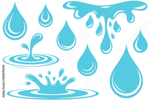 Collection of stylized blue water drops and splashes white background liquid