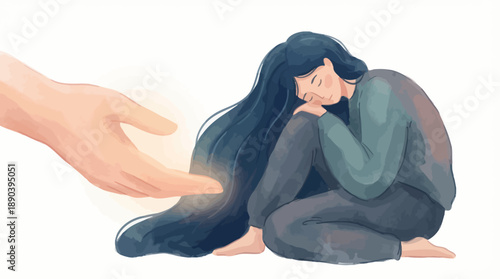 Emotional Support Vector Illustration – Person in Distress with Comforting Hand for Mental Health Awareness, Empathy Design, and Psychological Concept Art