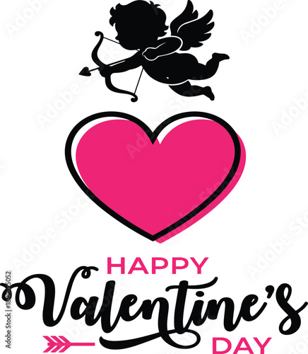 Black silhouette cupid with bow and arrow aiming at a pink heart with text Happy Valentines Day