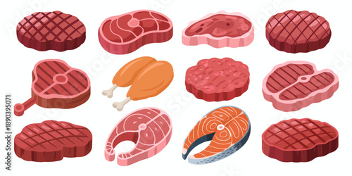 Collection of raw and grilled meat and fish cuts with chicken legs steak beef