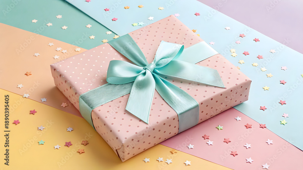 Obraz premium A beautifully wrapped pastel pink gift box with a blue ribbon and scattered stars