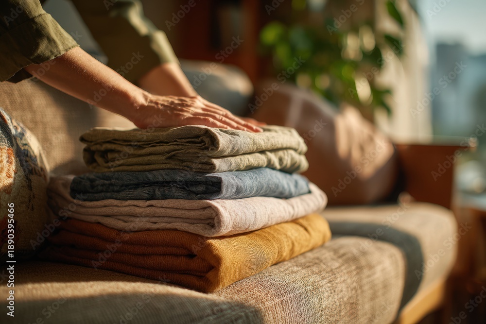 Obraz premium Folding laundry on sofa in cozy home during morning hours