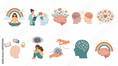 Mental Health Concept Vector Set – Ten Illustrated Icons for Emotional Wellness, Therapy, Mindfulness, Cognitive Function, and Psychological Awareness Design Use