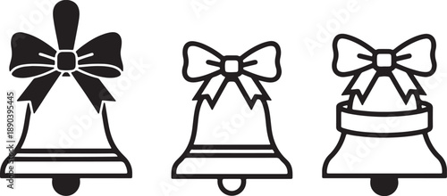 Three black and white bells with decorative bows on also transparent background ribbon