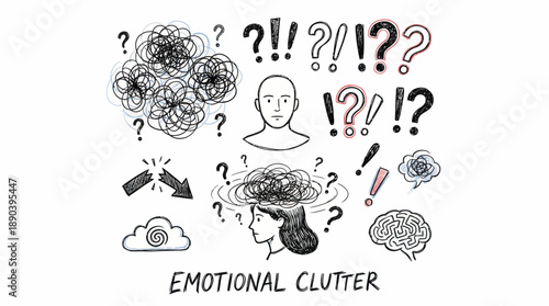 Emotional Clutter Vector Illustration – Conceptual Design of Mental Overwhelm and Confusion for Psychological Awareness, Therapy Use, and Wellness Campaigns