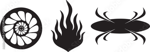 Three black and white abstract symbols including a circular flower, flames, and a stylized whisk also transparent background
