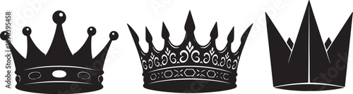 Three black and white crowns with different and patterns also transparent background royal regal