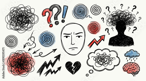 Emotional Clutter Vector Illustration – Conceptual Design of Mental Overwhelm and Confusion for Psychological Awareness, Therapy Use, and Wellness Campaigns
