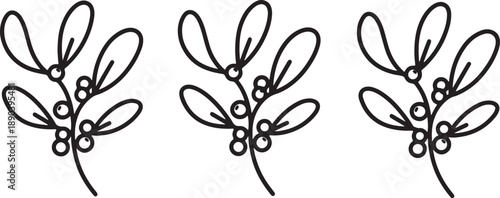 Three black and white hand-drawn of mistletoe with berries and leaves on curved stems also transparent background