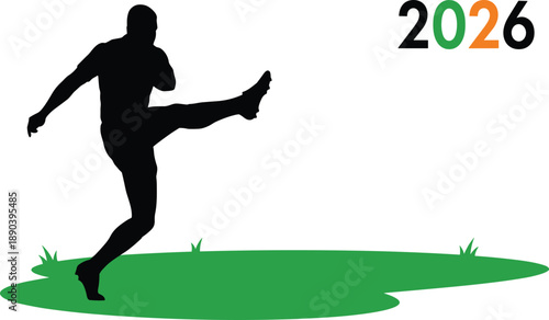 Black silhouette of a soccer player kicking a ball on green grass with the year 2026