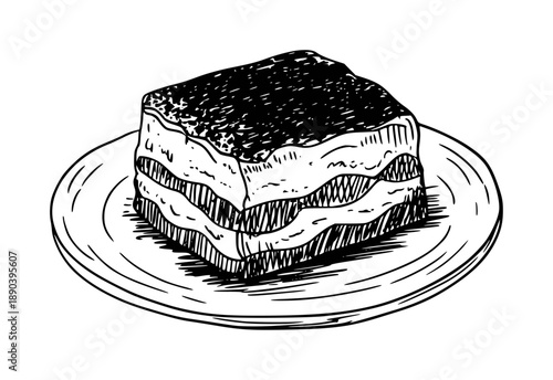 Hand drawn of a slice of tiramisu a plate with background dessert cake