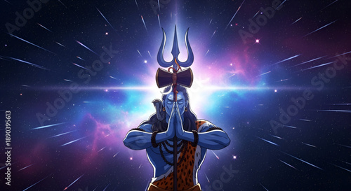 Cosmic Lord Shiva in namaste pose holding trident against radiant galaxy background expressing devotion meditation divine energy and Maha Shivratri spirituality
