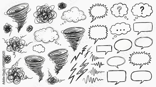 Emotional Chaos Doodle Vector Set – Hand-Drawn Scribbles, Thought Bubbles, and Stress Symbols for Mental Health, Brainstorming, and Expressive Design Use