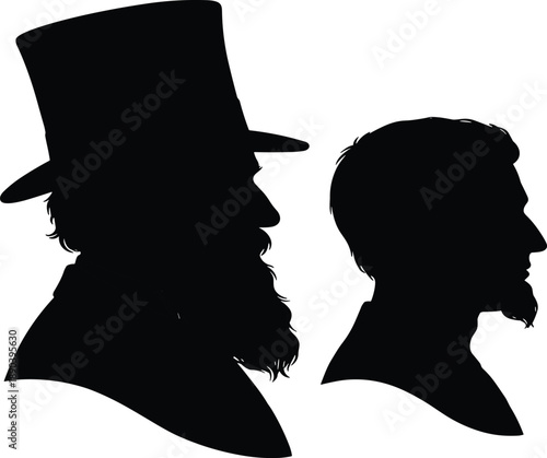 Black silhouette profiles of two men one wearing a hat male