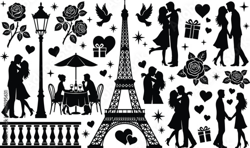 Black silhouette romantic Paris scene with couples Eiffel Tower roses and gifts