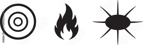 Three black of a target, flame, and starburst symbol also transparent background concentric circles fire