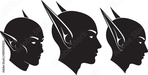 Three Silhouettes of Fantasy Characters with Pointed Ears and Horns on White Background also transparent background