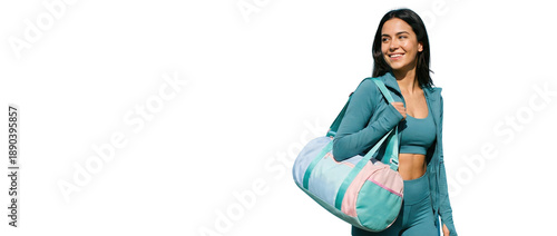Fitness Enthusiast Woman Carrying Duffel Bag Casual Workout Apparel Outdoors Smiling isolated on transparent background