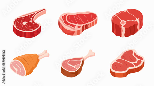 Isometric of raw meat cuts including steaks and ham hock beef pork