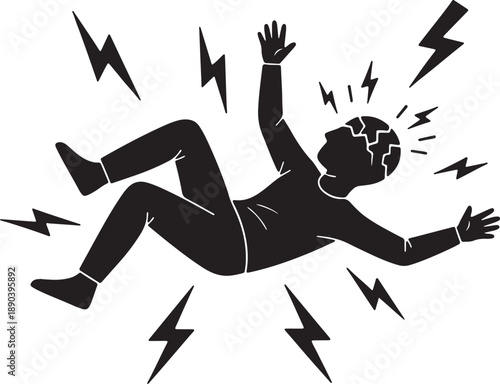 Black and white of a person falling with lightning bolts around them also transparent background