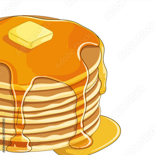 Stack of golden brown pancakes dripping with sweet syrup and topped with a square of yellow butter