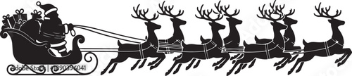 Santa Claus riding a sleigh pulled by reindeer with gifts in a silhouette style also transparent background