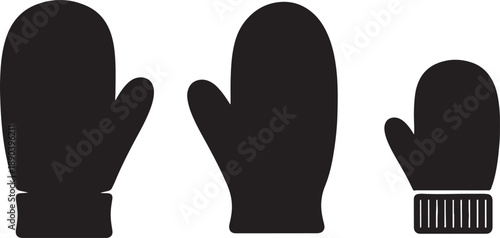 Three Black Mittens with Different on White Background also transparent background winter gloves
