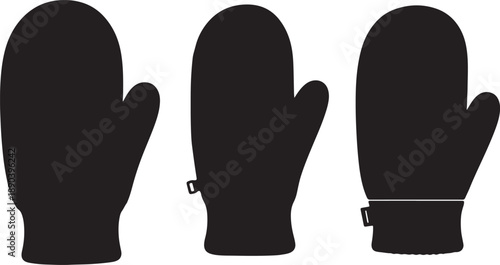 Three Black Mittens with Different Thumb on White Background also transparent background