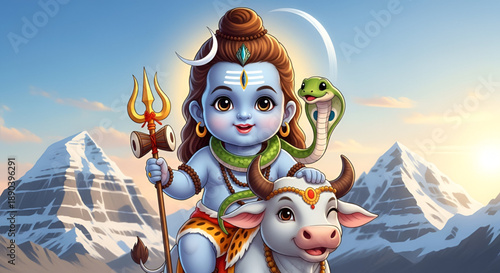 Divine child form of Lord Shiva riding sacred bull with trident snake and moon in Himalayan landscape inspired by Maha Shivratri spiritual celebration